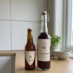 Flaskeetiketter til saft og øl: firkantet etikett på saftflaske med patentkork og skjoldformet etikett på ølflaske