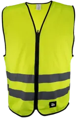Gul refleksvest til voksne med glidelås og to refleksbånd, sett forfra