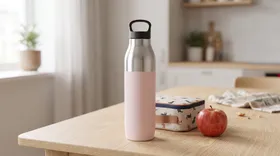 Stålflaske på et bord ved siden av matboks og eple