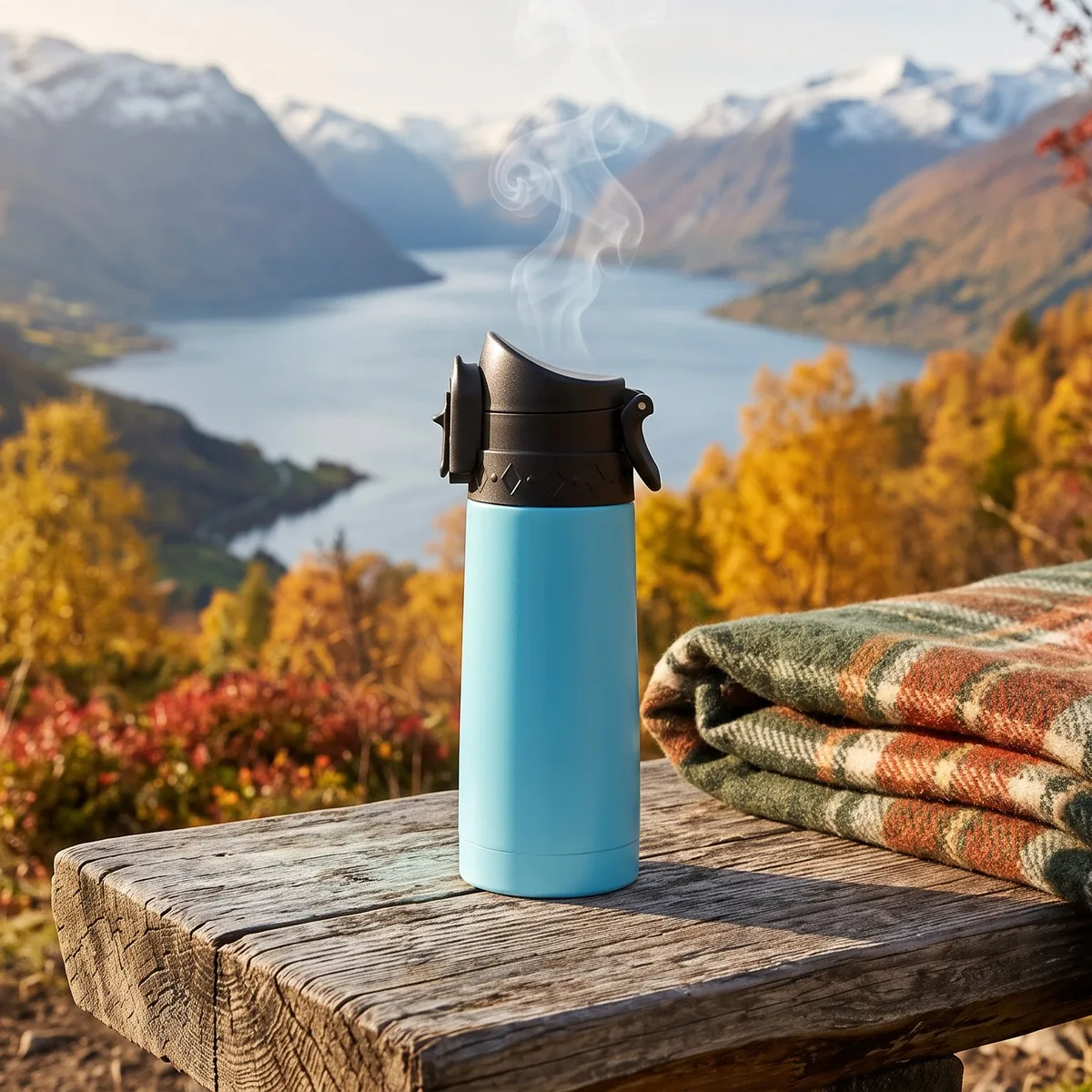 Termokopp på benk med fjordutsikt, pledd ved siden av