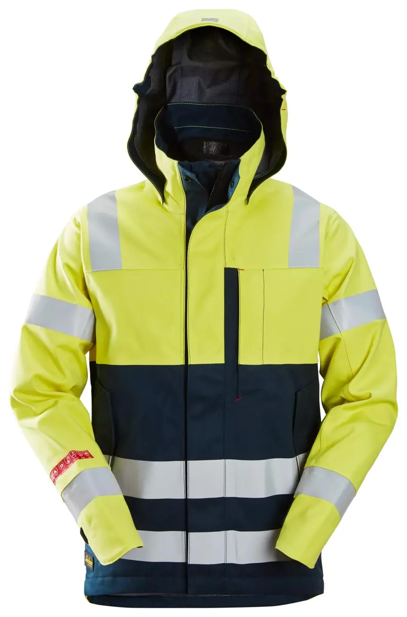 Snickers 1361 Flammehemmende Vanntett Skalljakke, High-Vis klasse 3 i Vis gul/Marineblå