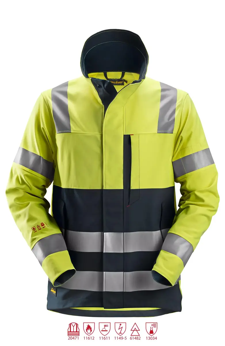 Snickers 1561 Flammehemmende Jakke, High-Vis klasse 3 i Vis gul/Marineblå