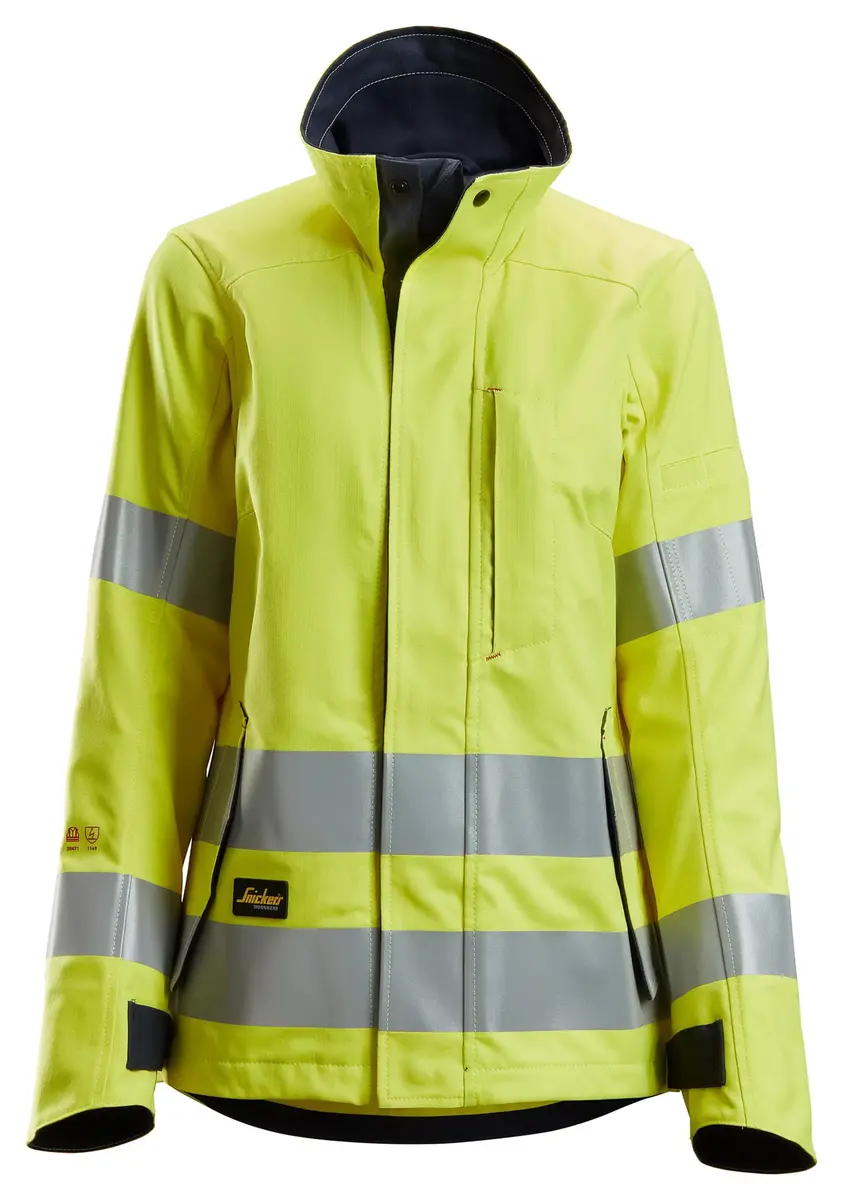 Snickers 1567 Flammehemmende Jakke for dame, High-Vis klasse 3 i Vis gul/Marineblå