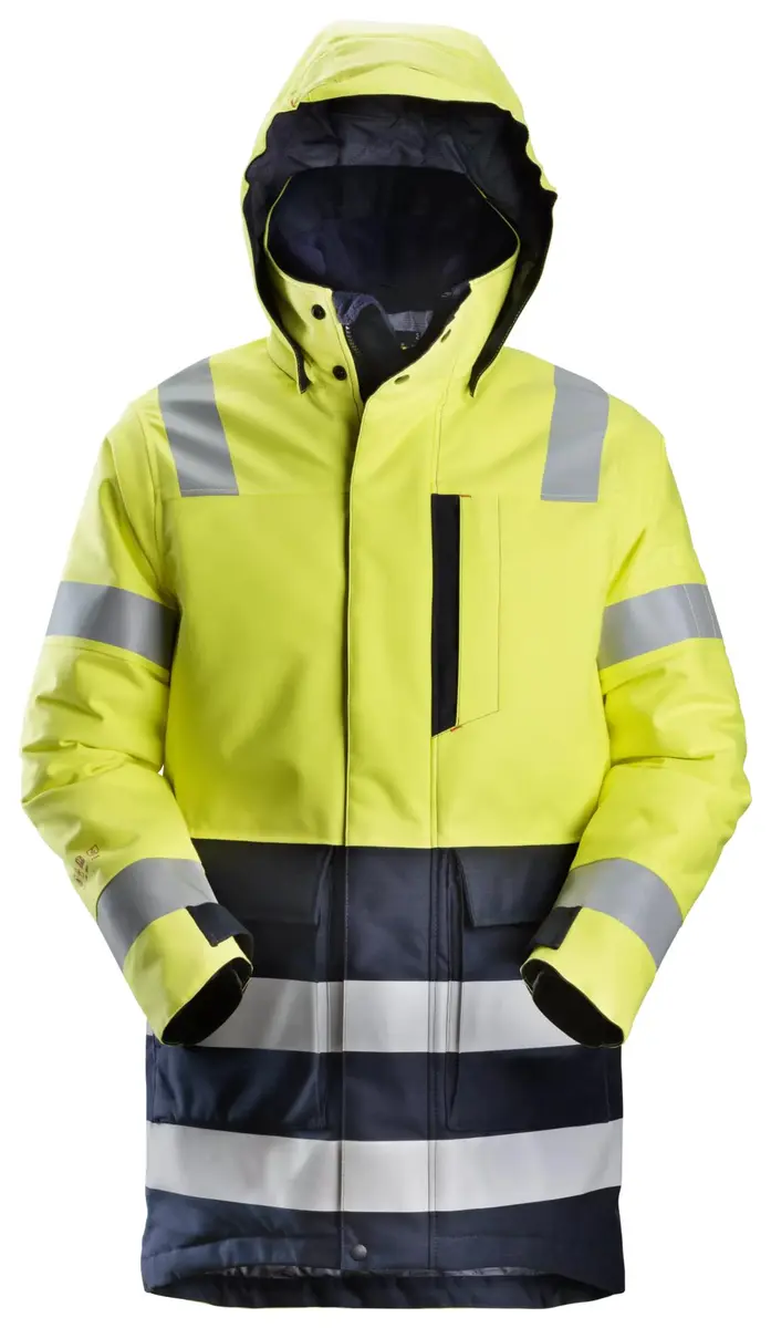 Snickers 1860 Flammehemmende Vinterparkas, High-Vis klasse 3 i Vis gul/Marineblå