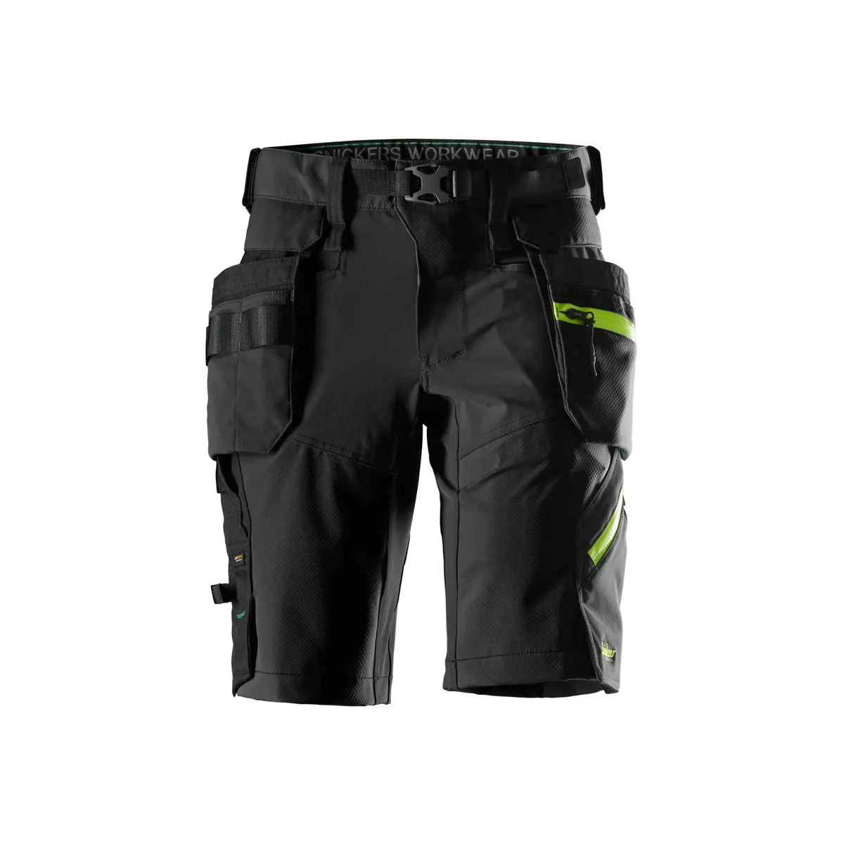 Snickers 6140 Softshellshorts med stretch og avtakbare hylsterlommer i Svart/Neongul