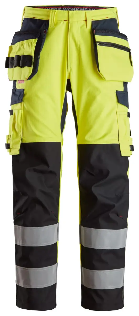 Snickers 6264 Flammehemmende Arbeidsbukse med leggforsterkning og hylsterlommer, High-Vis klasse 2 i Vis gul/Marineblå