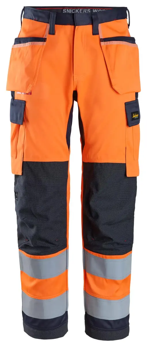 Snickers 6266 Flammehemmende Arbeidsbukse med hylsterlommer, High-Vis klasse 2 i Vis oransje/Marineblå