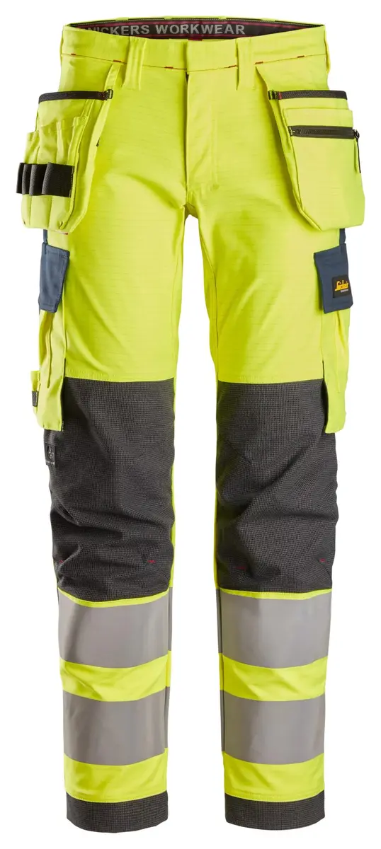Snickers 6268 Flammehemmende Arbeidsbukse med stretch og hylsterlommer, High-Vis klasse 2 i Vis gul/Marineblå