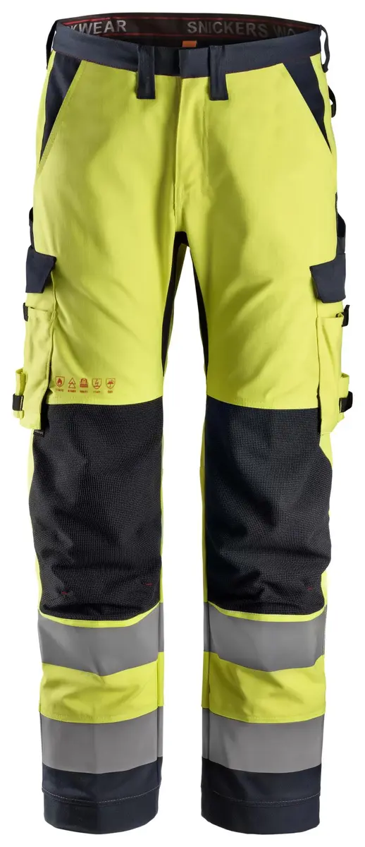 Snickers 6361 Flammehemmende Arbeidsbukse med like lårlommer, High-Vis klasse 2 i Vis gul/Marineblå