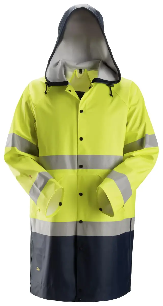 Snickers 8261 Flammehemmende Regnjakke PU, High-Vis klasse 3 i Vis gul/Marineblå